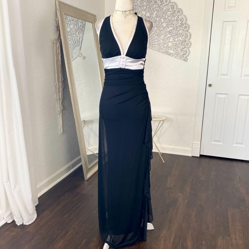 Blondie Nites Early 2000's Cinched Black Belted Asymmetric Prom Formal Dress